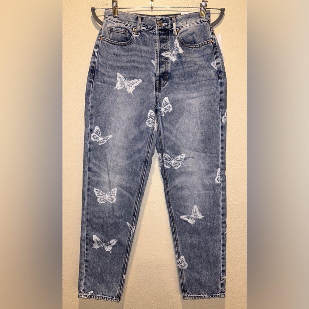 Pacsun Ultra High Rise Slim Light Wash Jeans Butterfly Print Scattered 25 Y2K